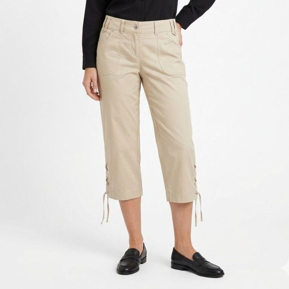 Cache Tan Cream Lace Up Accent Capri Pants 4